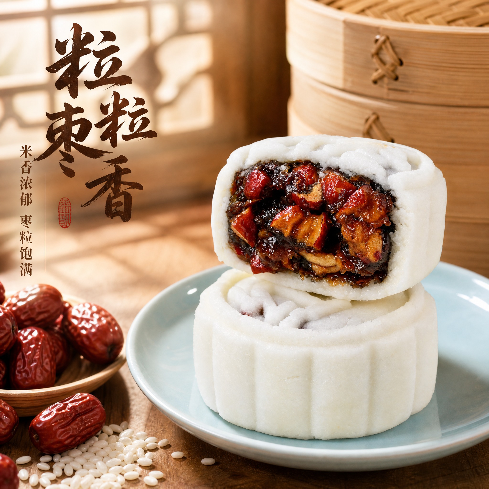 参考爆款主图复刻，将产品替换为红枣馅米月饼，保持参考图的左文右… - 图片创意预览