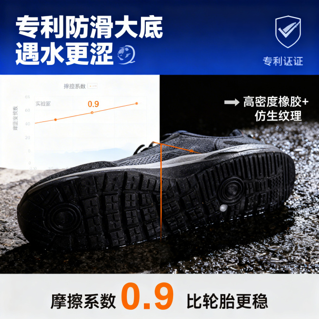 老人鞋防滑科技卖点详情图，采用三分区布局。顶部20%为标题区，深蓝色渐变背景，白色粗体主标题"专利防滑大底 遇水更涩"，字号占据顶部区域60%，旁边搭配专利认证图标。中部60%为卖点可视化主体区：左侧预览效果