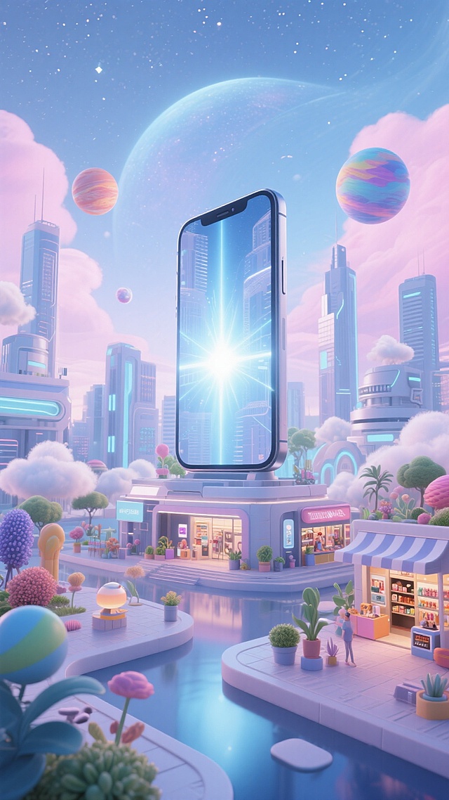 画面中心是巨型建筑（建筑细节：和手机外形相近，发光效果）周围有未来感城市建筑、彩色星球、云、商品店铺、奇特植物，背景是星空，低饱和蓝粉色调