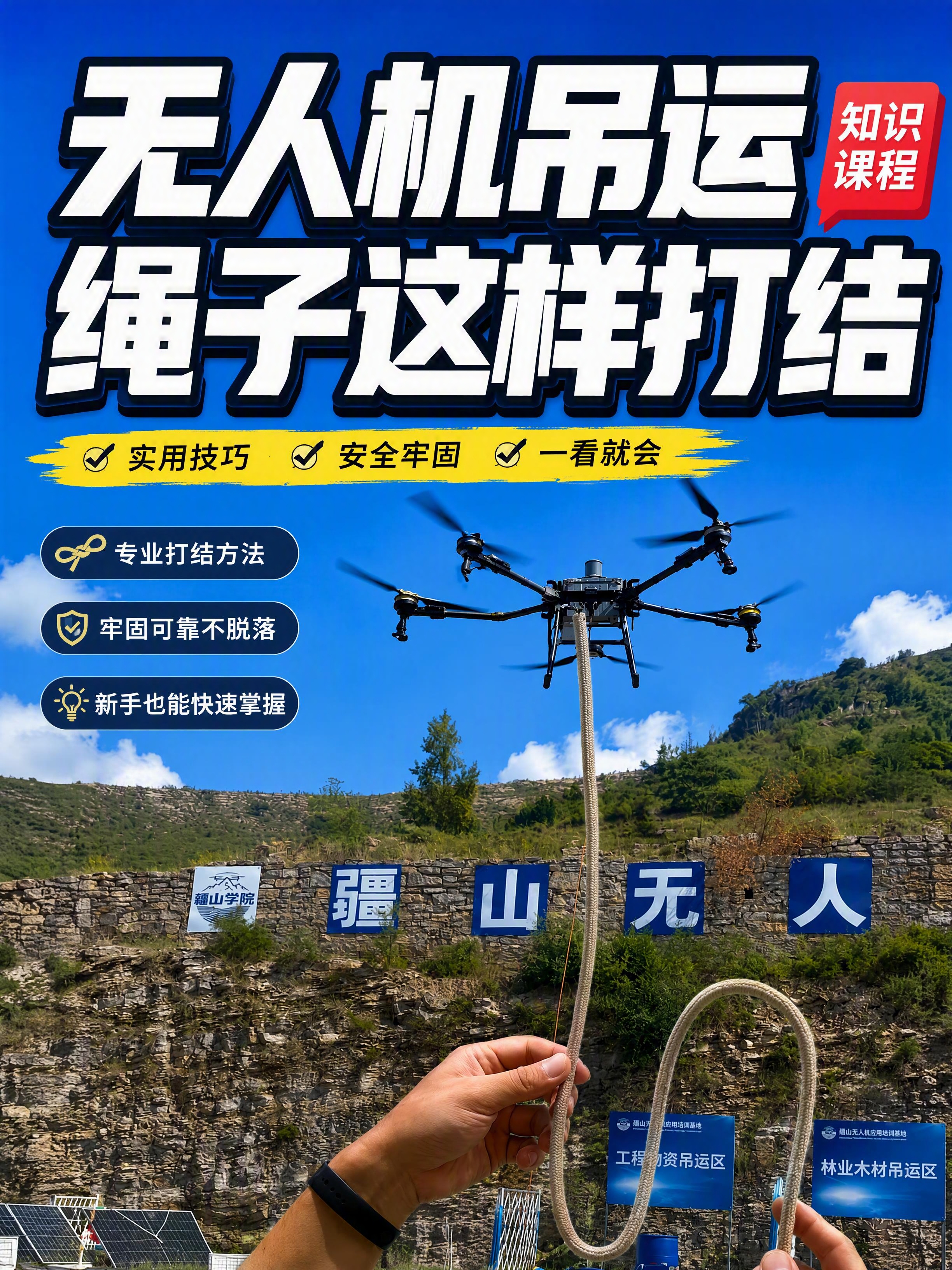 基于参考图中的无人机吊运绳子场景，制作一张小红书知识课程竖版封… - 图片创意预览