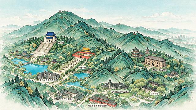 南京钟山风景区（紫金山）高视角全景海报，青绿山水意境结合精细线稿风格。以紫金山脉为蜿蜒主轴，从西至东依次分布：中山陵（蓝色琉璃瓦）、明孝陵（神道石像生、红墙）、灵谷寺（无梁殿）。点缀燕雀湖、前湖等水系。包含酒店：中山陵逸扉酒店（民国风）、苏宁钟山高尔夫酒店、梧桐公馆。包含医院：江苏省中医院钟山院区、南京市中西医结合医院。主色调为松柏绿、琉璃蓝、宫墙红，明黄色点缀。山脊线、建筑轮廓、神道轮廓加粗（3-5pt线条），适配激光雕刻效果。三大景区边界清晰，树林用概括笔触表现。整体磅礴大气，具有传统青绿山水画的意境与现代线稿的精细质感。