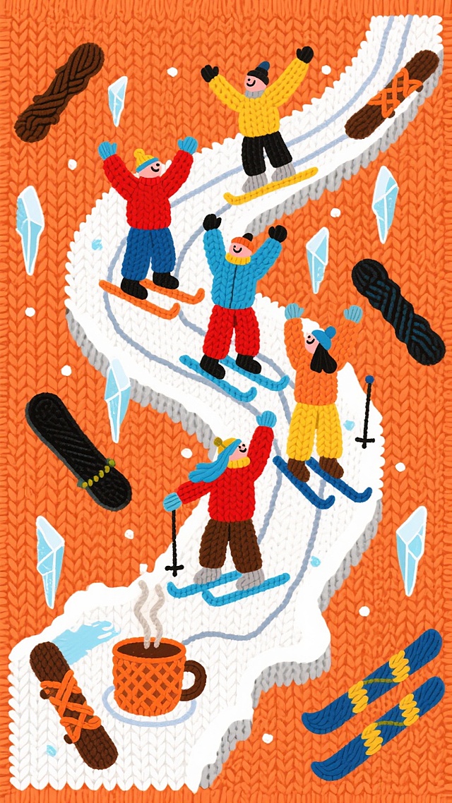 几个滑雪爱好者的人物欢呼雀跃姿势站在雪道地图上，边缘随机散布滑雪板、热可可杯、冰凌，暖橙色背景