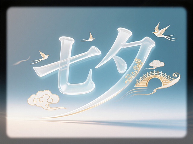 梦幻中式插画风，大字“七夕”鎏金点缀，桥燕云霞共舞，浪漫七夕节。