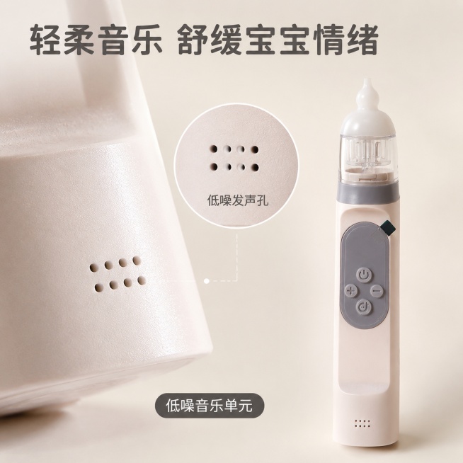 [主图-3] 电动吸鼻器音乐安抚功能细节特写；氛围风格柔和安心，细节清晰，安全可信；画质要求商业微距摄影质感，细节细腻真实，画面干净通透；产品底部出声孔区域做微距放大展示，占画面左侧主要位置，右侧放置预览效果