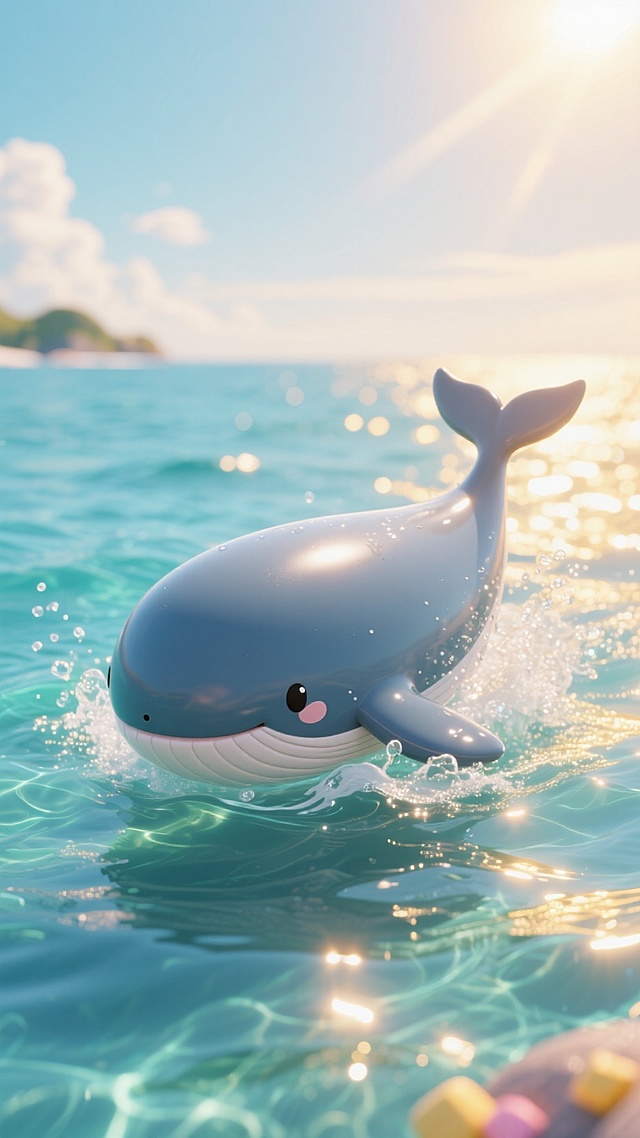 清澈的大海，巨大的鲸鱼，阳光灿烂，明亮的氛围