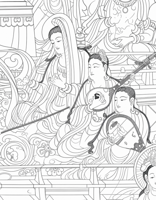 参考参考图片的人物和构图，生成对应的线稿，保留原画面的人物姿态和乐器细节，保持参考图的整体构图预览效果