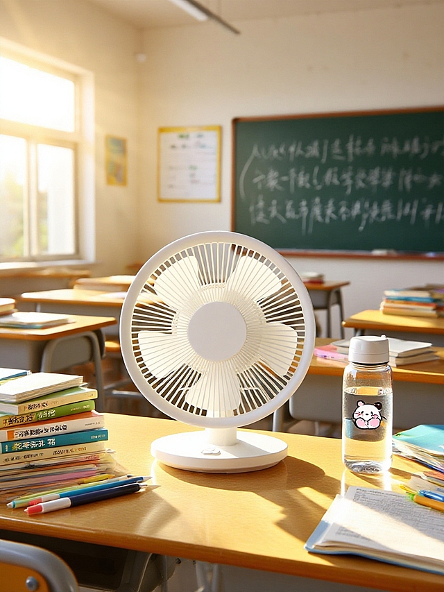 简约主义风格，清新舒适的教室场景，电扇与书本营造宁静学习氛围。