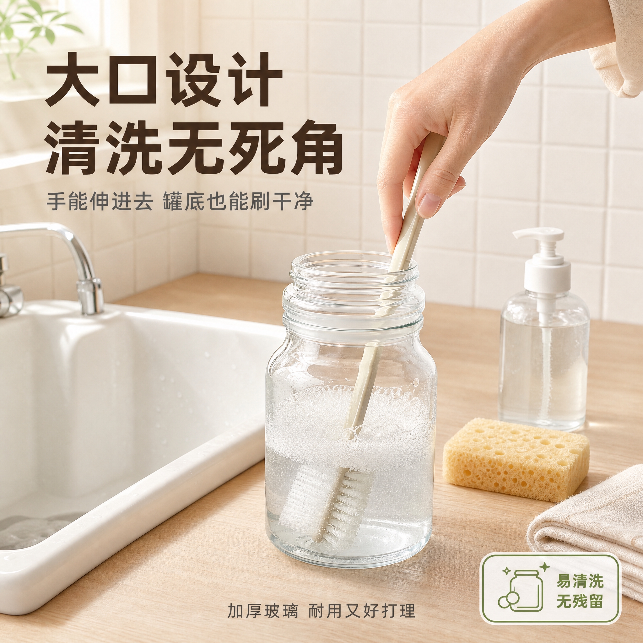 [主图-8 重制] 大口易清洗主题主图，突出玻璃罐口大、伸手可… - 图片创意预览