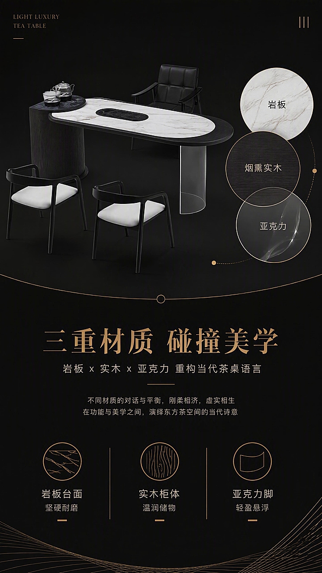 [第2张] 详情页设计美学页-菲金轻奢岩板茶桌材质混搭叙事。本张使用【图1】作为商品主体，黑+菲金配色款。
[氛围/风格] 现代轻奢设计叙事风，高级杂志排版质感，黑金配色，简约大气。
[元素布局] 画面采用上下分区结构；上半区左侧为茶桌产品45°斜侧视角，占比约45%，展示整体造型；右侧为三种材质圆形色块拼贴：岩板纹理圆、烟熏木纹圆、亚克力透明圆，三圆交叠呈现材质碰撞；下半区为设计理念文字区+几何线条装饰；产品结构与输入图一致：椭圆桌面、圆柜体、亚克力脚、嵌入式茶盘。
[光影质感] 均匀柔光棚拍质感，产品各面清晰，材质纹理细节突出，无强烈阴影。
[配色色系] 全局底色 #0F0F0F 纯黑；主色菲金色金属线条+烟熏棕；辅助色米白岩板、深黑、透明亚克力。
[视角构图] 上半区产品45°斜侧视角，下半区文字排版，阅读动线自上而下，左右对称平衡。
[文字版式] 版式为上产品+材质拼贴 / 下文案说明。主标题「三重材质 碰撞美学」，副标题「岩板 × 实木 × 亚克力 重构当代茶桌语言」；下方三段短文案配图标：「岩板台面 坚硬耐磨」「实木柜体 温润储物」「亚克力脚 轻盈悬浮」；右侧三材质圆内分别标注「岩板」「烟熏实木」「亚克力」；菲金色细线条装饰点缀。
[比例分辨率] 9:16竖版比例，4K分辨率，文字清晰可辨，高清画质。
[负向提示词] 产品变形，缺件错件，结构错误，颜色偏差，水印，文字错乱，文字过小，背景杂乱。