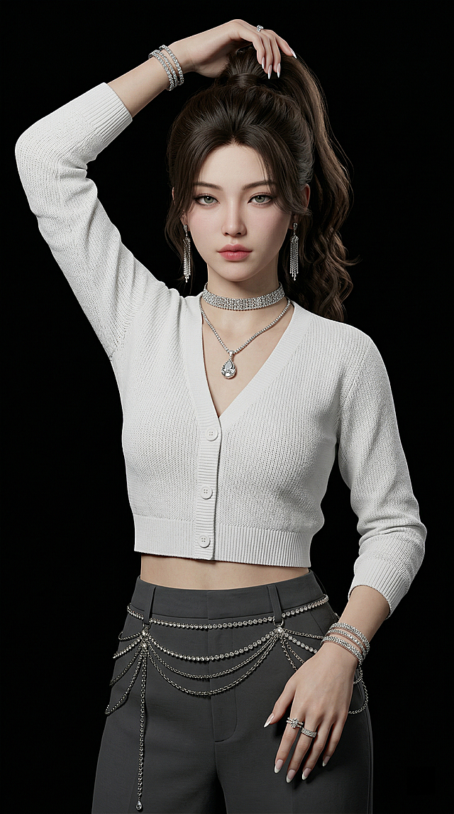 Unreal Engine 5渲染，PBR物理级材质，3D次世代超写实风格，8K超高清，极致细节刻画，电影级光影，柔和人像打光，明暗过渡自然，纯色深黑背景，人物主体突出，高级氛围感。1位年轻绝色东亚女性，清冷御姐气质，精致立体的五官，灰绿色眼眸，眼神慵懒锐利直视镜头，白皙细腻的真实皮肤质感，完美面部光影，自然红润的唇色。深棕色长卷发，高马尾造型，蓬松颅顶，碎发自然修饰脸颊，发丝根根分明，真实毛发质感。上身白色短款V领针织开衫，露腰设计，针织面料纹理清晰真实；下身深灰色高腰长裤，裤身装饰多层水钻金属链条。佩戴满钻镶嵌choker项链，水滴形大钻吊坠锁骨链，长款流苏钻石耳坠，多层满钻手链，多枚钻石戒指，白色法式长款美甲，珠宝钻石带有真实的物理级光影折射与反光效果。身体微侧，单手举过头顶抓着马尾，另一只手自然垂落，优雅拽酷的姿态，人物比例完美，无畸变。