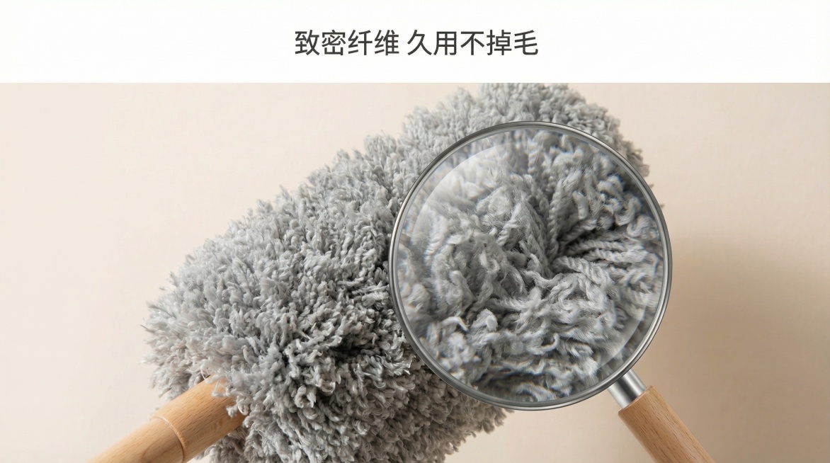 对图片进行精修，保留原图构图结构，提升整体画质，增强纤维纹理细节清晰度，优化光影让掸头更具立体感，保留原有文案"致密纤维 久用不掉毛"和放大镜细节，优化配色让整体更干净通透，去除多余杂色，提升整体质感预览效果