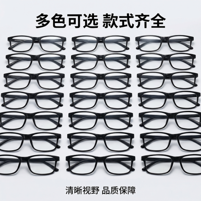 [主图 5] 多规格可选SKU展示
[氛围/风格] 整洁整齐，清晰展示，突出性价比
[画面元素] 将黑色复古方框眼镜整齐排列展示，保持产品外观与原图完全一致，背景为干净浅灰色，排列整齐有序
[配色色系预览效果