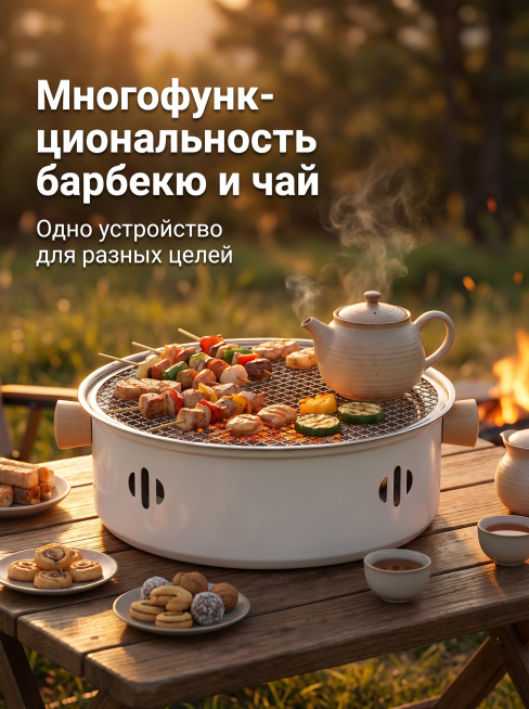 [主图 4] 多功能卖点展示图：烧烤煮茶两用多功能烤炉。高饱和色彩，强烈视觉冲击，场景化构图，亮点聚焦设计，适配ozon平台风格。
[氛围风格] 户外围炉煮茶场景，温馨休闲氛围
[画质] 商业摄影质感预览效果