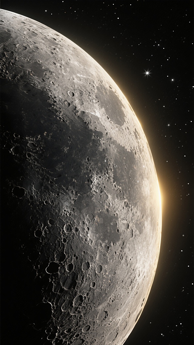 一张高精度的月球特写照片，展示了月球表面布满陨石坑的灰黑色岩石质感，画面呈现新月形态，右侧边缘被明亮的金色光芒勾勒出柔和的光晕，背景是深邃的黑色宇宙空间，点缀着稀疏的白色星星，整体营造出神秘而宁静的宇宙氛围，光线从右侧照射，在月球表面形成明显的明暗对比，凸显出月球表面的凹凸不平和粗糙纹理。