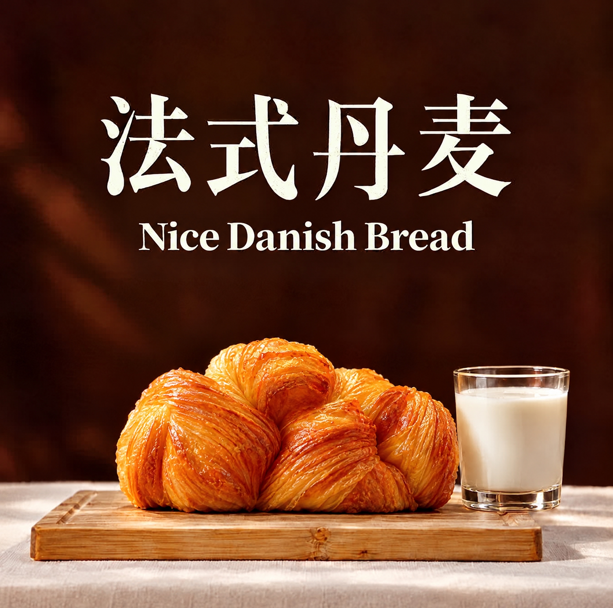保持原图的深棕色背景、暖调光影、木质砧板和牛奶杯的位置与样式不… - 图片创意预览