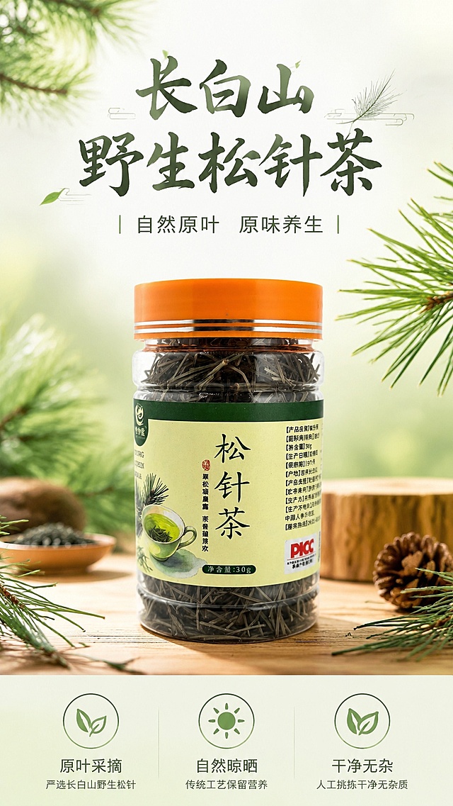 [第1屏] 详情页头图-松针茶健康养生茶饮宣传海报，本屏使用【图1】作为商品主体。
[氛围/风格] 自然清新养生风，浅绿原木背景，突出天然健康氛围，商业摄影质感。
[元素布局] 瓶装松针茶产品置于画面中心偏下位置，占比约65%-70%；上方预留主标题区，背景搭配新鲜松枝装饰；产品瓶身结构、包装颜色、文字信息与输入产品图保持完全一致。
[光影质感] 上方柔光均匀照明，产品下方自然投影，瓶身保留清晰高光，整体明亮通透。
[配色色系] 全局底色 #f6f9f4；主色浅绿自然色；辅助色深绿标题、原木浅棕背景。
[视角构图] 正面平视，产品为绝对视觉中心，阅读动线从上到下自然流畅。
[文字版式] 版式为上方标题 + 中部产品 + 底部卖点。主标题「长白山野生松针茶」，副标题「自然原叶 原味养生」，温润书法字体居中对齐；底部三个卖点图标搭配文字「原叶采摘」「自然晾晒」「干净无杂」，文字清晰不遮挡产品主体。
[比例分辨率] 9:16 竖版比例，4K分辨率，文字清晰可辨，高清画质。
[负向提示词] 瓶身变形，缺件错件，颜色偏差，包装文字错乱，水印，文字过小，背景杂乱