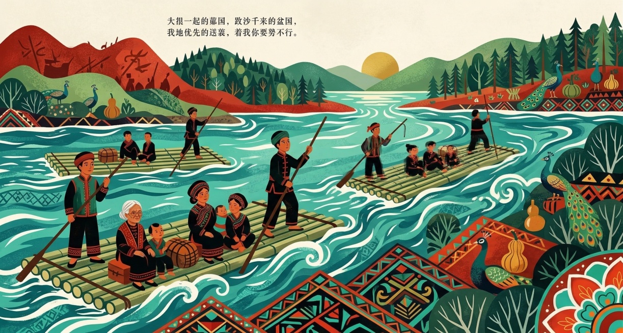 基于用户草图绘制拉祜族口传文学根古章节插画，拉祜族人不愿纷争扎竹筏渡过大江寻找新居地，江水滔滔，竹筏载着拉祜族人驶向对岸，国潮插画扁平风，红绿色调，融入拉祜族特有几何图案和代表性元素，配色和风格参考上预览效果
