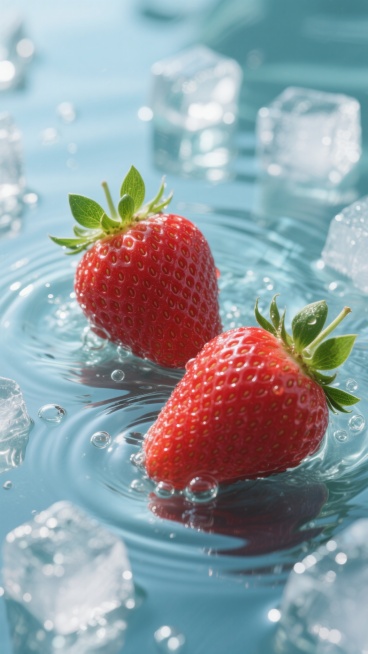两颗新鲜饱满的草莓，带有绿色的叶子，漂浮在清澈的水中，水面上有涟漪和气泡，周围散落着透明的冰块，整体呈现出晶莹剔透的质感和清凉的氛围。预览效果