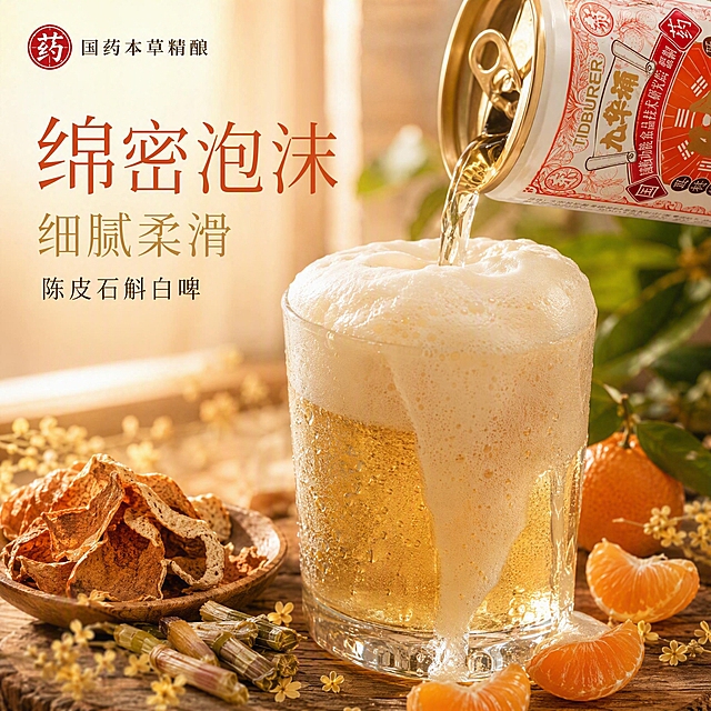 陈皮石斛白啤电商主图，橘香润养午后闲酌风格，暖橙米白柔和治愈。倒酒特写，浅金色酒液从红色罐中缓缓倒入玻璃杯，绵密白色泡沫漫出杯口，杯壁挂满细腻水珠，旁边陈皮片、橘子瓣、桂花点缀，暖阳光斜射，酒液泛着温润金光，微距质感。左上角"国药本草精酿"logo。上方"绵密泡沫"纤细宋体暖橙字，下方"细腻柔滑"稍小淡金字，底部"陈皮石斛白啤"细黑体深棕字。1:1正方形，2K，质感细腻柔和，无水印无错字。