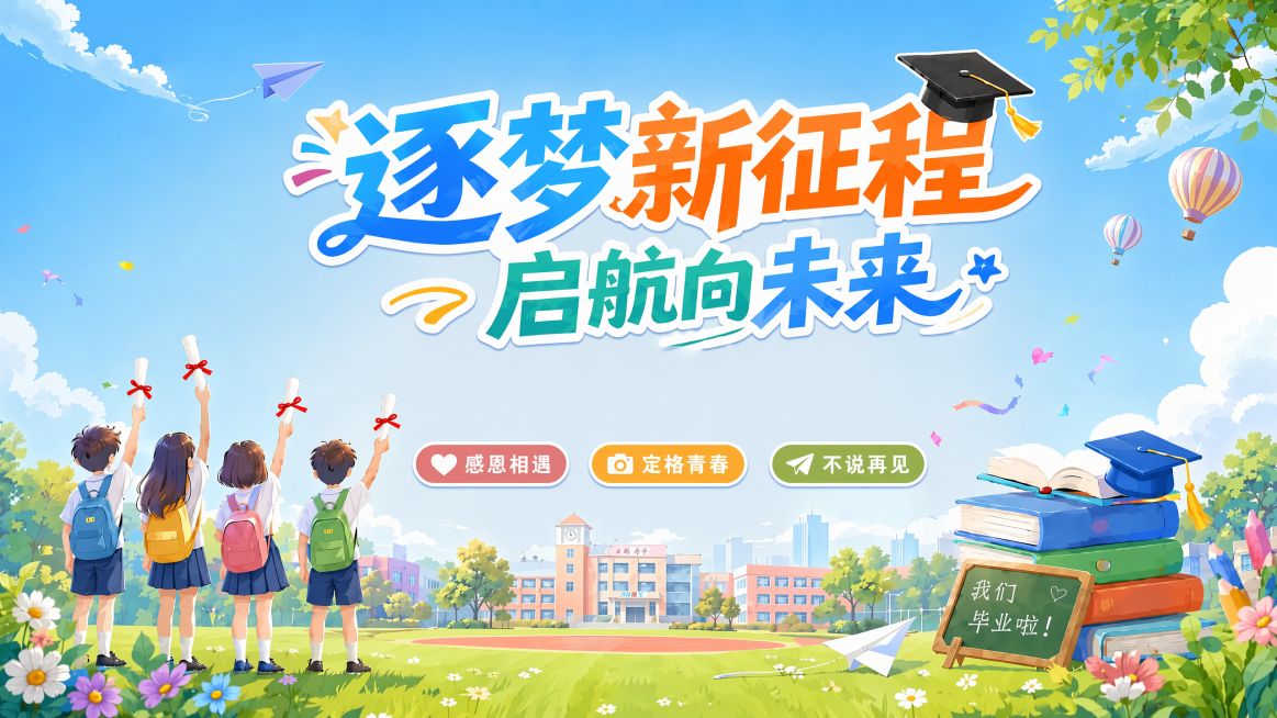 将主题文字"逐梦新征程 启航向未来"整体往上移动一点位置，保持原有文字样式、颜色、大小和画面其他元素不变，移动后整体构图协调自然，文字清晰不溢出预览效果