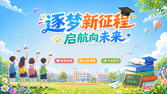 将主题文字"逐梦新征程 启航向未来"整体往上移动一点位置，保持原有文字样式、颜色、大小和画面其他元素不变，移动后整体构图协调自然，文字清晰不溢出