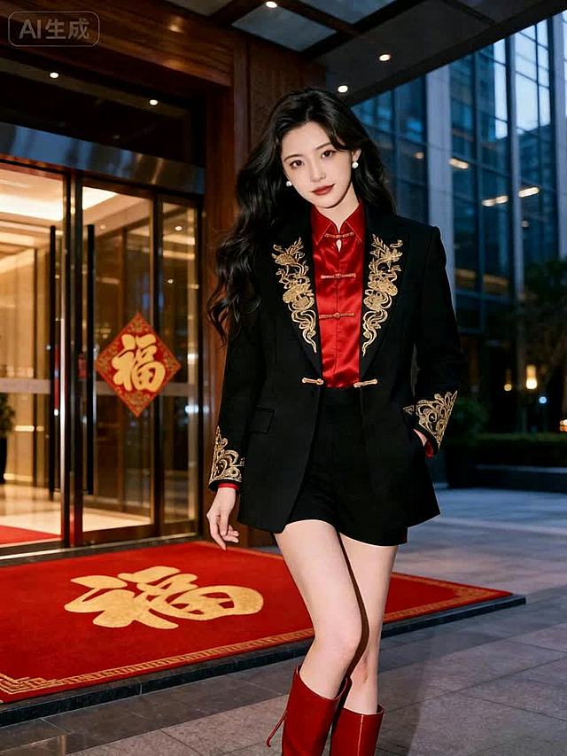 画面里的这个女生在面向镜头，背景是房地产公司，她站在公司门口，用普通话热情祝福：「新春启新程，马年行好运！祝您阖家安居，置业顺遂，日子红红火火！」，镜头慢慢推远，整体画面年味浓郁、光影温暖喜庆，适配春节新春氛围。