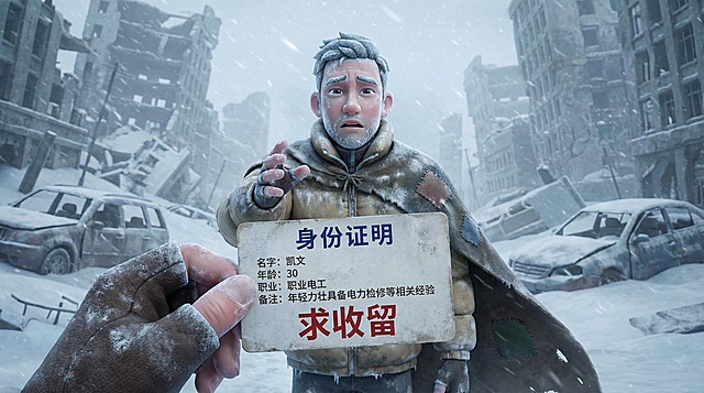 3D皮克斯动画半写实风格，风格化角色，满脸冰霜，冻伤的皮肤，穿着破旧的脏污的羽绒服和破旧补丁斗篷，站在巨大的冰雪风暴中，背景有若隐若现的崩塌破损的城市废墟，环境是冰雪末日的废墟，隐约被雪埋没的汽车残骸，表情恳求，向镜头举着一张破损的身份卡片，卡片上写着大标题深蓝色字“身份证明” 和 几项信息分别是名字：凯文、年龄：30、职业：职业电工、备注：年轻力壮具备电力检修等相关经验。红色显眼的”求收留“，第一人称视角，手部特写，电影级光照，冰冷的寒冬末日氛围，8k高清，盲盒质感。