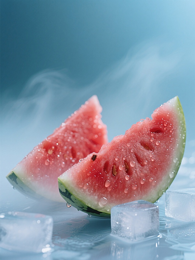 西瓜切片与冰块，清新爽口，3D轻拟物风设计，现代感十足，透出夏日清凉。
