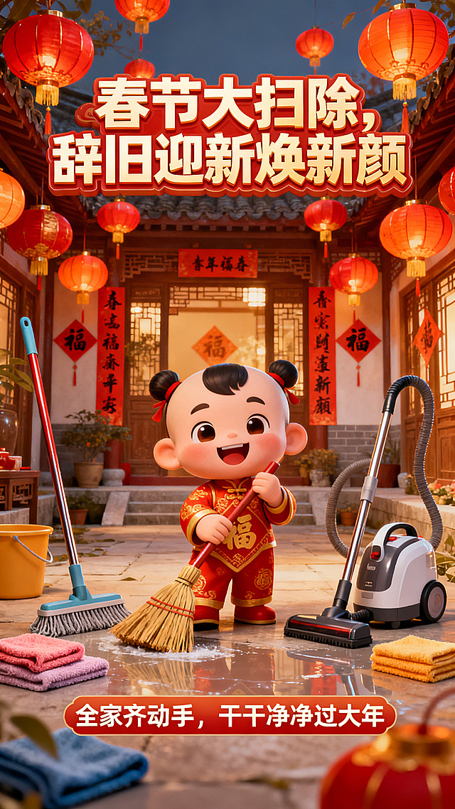 春节大扫除宣传海报，画面中心是拿着扫帚、面带笑容的喜庆卡通福娃，周围环绕着清洁工具：拖把、抹布、吸尘器，背景是挂满红灯笼、贴着春联的温馨中式庭院，顶部有醒目的艺术字""春节大扫除，辞旧迎新焕新颜""，底部配有""全家齐动手，干干净净过大年""的温馨标语，整体风格热闹喜庆，色彩以红、金、橙为主，充满新年氛围