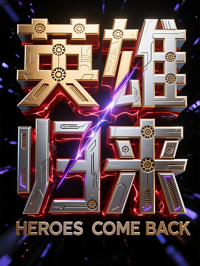 超现实风格的3D立体文字“英雄归来”与副标“HEROES COME BACK”正面居中，巨大站立字，对称式构图。文字由抛光的金色和银色合金板材交错层叠，双层厚重感，鲜艳的深红色能量流沿着字体，每一笔画内部镶嵌立体矢量齿轮图案和散发微光的光纤凹槽，字母连接部位被锋利如剑的折线光刃穿透，镜面质感金属表面映射蓝紫色粒子状光斑，深邃黑色背景增强立体景深，文字边缘如金属液体瞬间凝固，带有熔融质感，整体字面结构被硬核几何光影切割得棱角分明，表面布满纳米机械雕刻的细微纹路