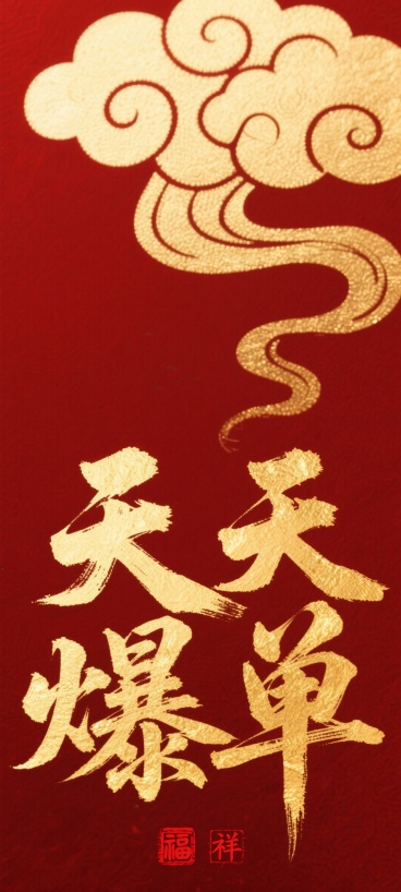 背景是暗红色+局部金色祥云纹样，主体是金墨书法字“天天爆单” ，主体视觉靠下，下方有 “福”“祥” 印章。预览效果