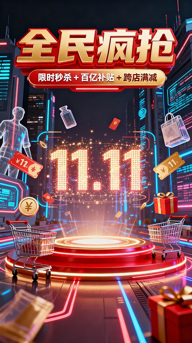 赛博朋克风3D海报，霓虹灯与粒子特效交织，金属质感购物车环绕发光舞台，营造未来感十足的双11促销狂欢氛围。