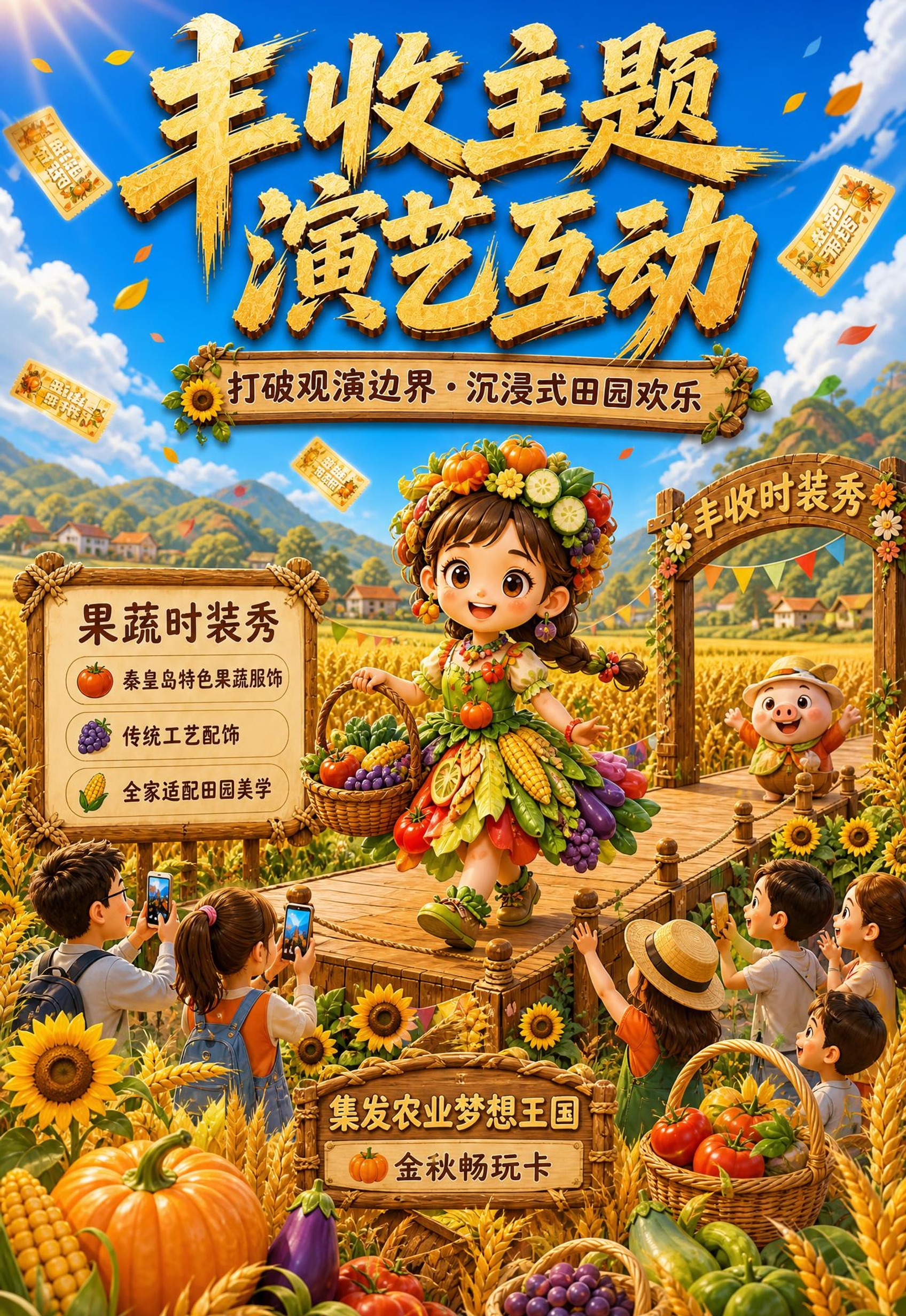 [画面] 竖版丰收主题演艺互动详情页，参考【图1】的视觉风格。… - 图片创意预览