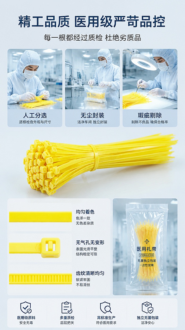 第9屏：规格参数展示（多规格齐全，适配采购）
AI提示词：电商参数规格详情页，极简纯白背景，整齐陈列2.5mm/3.6mm/4.8mm等全尺寸黄色医用扎带，排列规整有序，展示规格齐全、批量现货，画面干净整洁，适配医院后勤批量采购、科室零散使用，高清静物摄影，留白适配参数文案表格
对应核心需求：显性（多规格可选）、隐性（适配批量采购、供货稳定）
第10屏：工艺质检细节（精工品质，医用级品控）