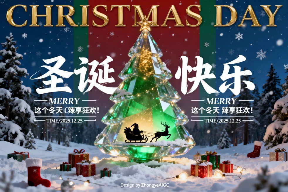 圣诞主题高级海报，奇幻现实主义风格，中心对称构图，视觉焦点为巨大透明圣诞树（带晶莹质感 + 内部绿色渐变光效），树内包含圣诞老人与驯鹿雪橇剪影，树底衬着积雪覆盖非常多大大小小的圣诞礼物，袜子，彩灯；背预览效果