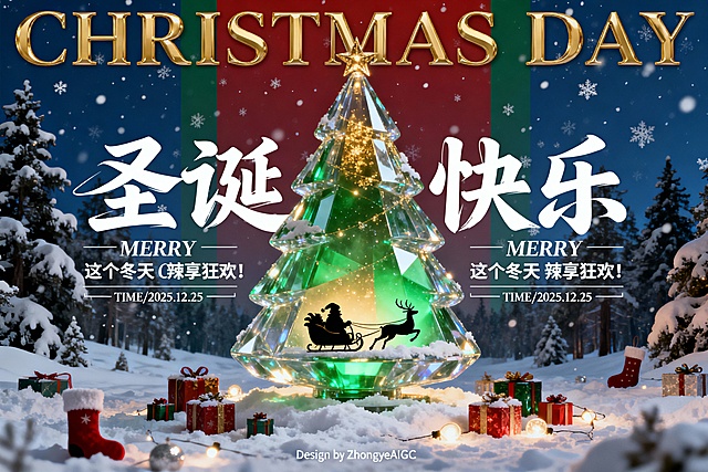 圣诞主题高级海报，奇幻现实主义风格，中心对称构图，视觉焦点为巨大透明圣诞树（带晶莹质感 + 内部绿色渐变光效），树内包含圣诞老人与驯鹿雪橇剪影，树底衬着积雪覆盖非常多大大小小的圣诞礼物，袜子，彩灯；背景是覆雪森林 + 深蓝色夜空，飘落雪花点缀画面；色调以冷调深蓝 / 雪白为主，搭配圣诞树内部金色暖光，边缘叠加复古高级红绿渐变背景；文字元素：顶部金色立体衬线体 “CHRISTMAS DAY”，下方白色花体手写抽象变形 “圣诞快乐”，白色艺术字体 “MERRY Christmas”，细线框内左右排版的 “这个冬天 辣享狂欢！”，衬线细体 “TIME/2025.12.25”，底部极细非衬线小字 “Design by ZhongyeAIGC”；整体简洁有质感，大师作品级视觉，融合节日魔幻氛围与都市生活细节