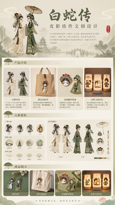 参考图片5的中式文创展板设计版式，设计白蛇传皮影挂件文创产品介绍展板，整体为新中式国潮风格，内容包含产品介绍、元素提取、成品展示，整合白蛇传皮影设计图、帆布包挂件、金属徽章装饰、皮影文创台灯四款产品，预览效果
