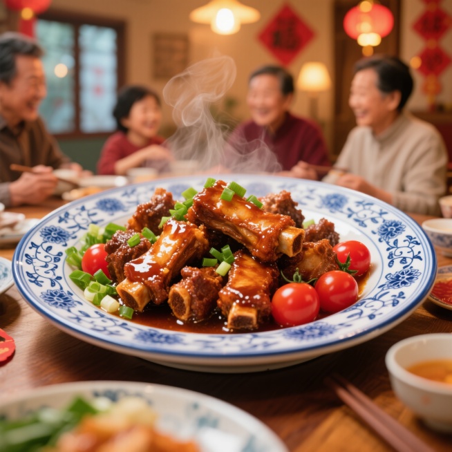 节日氛围，青花瓷盘中盛放着色泽红亮的糖醋排骨，热气腾腾，旁边点缀着翠绿的葱花和鲜红的小番茄，背景是温馨的暖色调灯光，家人围坐的餐桌一角，充满烟火气，“青花盘中的糖醋排骨｜是家人围坐的烟火气”预览效果