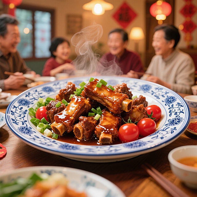 节日氛围，青花瓷盘中盛放着色泽红亮的糖醋排骨，热气腾腾，旁边点缀着翠绿的葱花和鲜红的小番茄，背景是温馨的暖色调灯光，家人围坐的餐桌一角，充满烟火气，“青花盘中的糖醋排骨｜是家人围坐的烟火气”