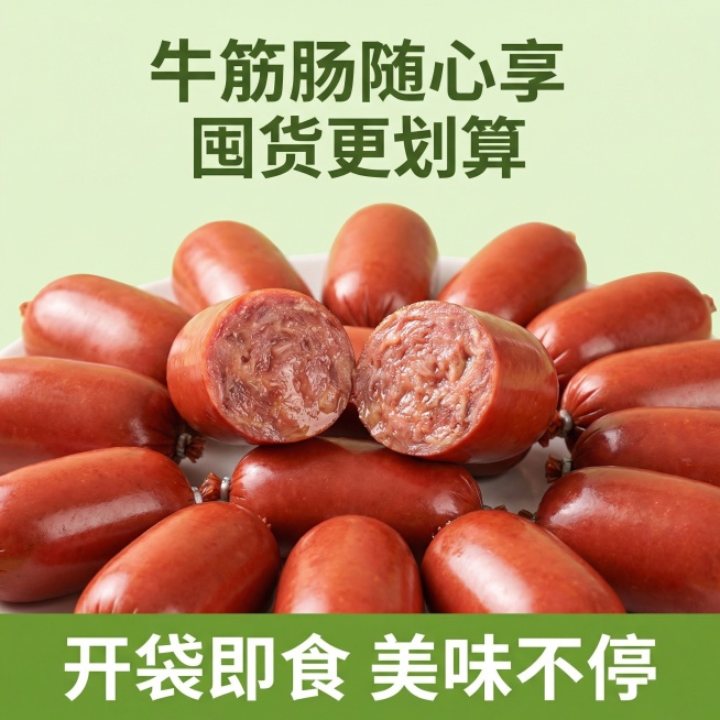 我的产品是牛筋肠，帮我做10张主图产品堆积起来突出产品多预览效果