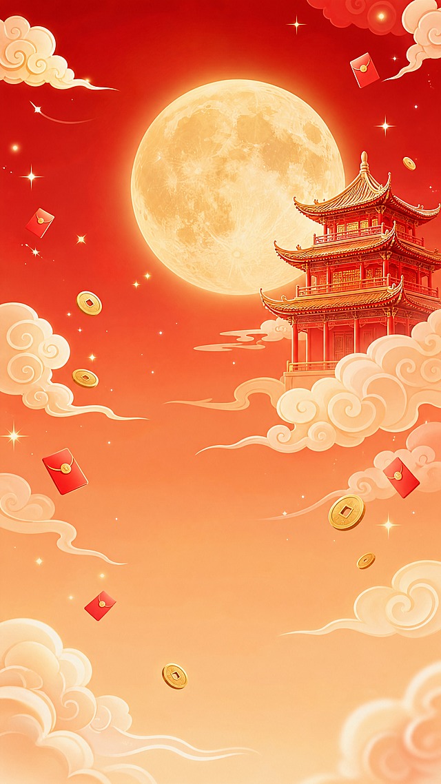 中秋国庆双节活动海报背景素材，透明背景PNG。红橙渐变柔和氛围，从顶部深红色渐变到底部浅橙色。画面中上部一轮巨大满月，月亮表面有细腻纹理。月亮右侧一座红色中式古建筑楼阁，飞檐翘角，传统国风风格。画面四周漂浮白色祥云纹样、金色古钱币、小红包、白色四角星星装饰元素，轻盈分布。整体暖红+暖橙+金色喜庆色调，纯背景氛围元素，无人物、无兔子、无文字、无主体物品、无卡片。超高清画质，无水印，柔和柔光，节日氛围感。