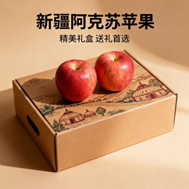 新疆阿克苏苹果电商主图，1:1比例，阿克苏苹果礼盒装展示，礼盒上有新疆特色图案，背景是浅棕色，上方文字"新疆阿克苏苹果"，下方文字"精美礼盒 送礼首选"，突出礼品属性预览效果