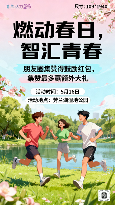 江西赛创信息技术有限公司2026春季素质拓展春游海报，活动主题“燃动春日，智汇青春”，9:16竖版，充满青春活力，醒目标注“朋友圈集赞得鼓励红包，集赞最多赢额外大礼”福利，包含活动时间5月16日地点芳预览效果