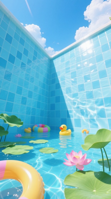 从泳池底部仰视视角拍摄的夏日泳池场景，清澈碧蓝的池水，池壁铺着整齐的浅蓝色方形瓷砖，阳光透过水面在池壁上形成明亮晃动的光斑和水波纹倒影，水面漂浮着几片新鲜的绿色荷叶和粉色荷花，池边散落着几个彩色的充气游泳圈和黄色的橡胶鸭子玩具，水面上方隐约可见湛蓝的天空和几朵白云，整体呈现出清新、明亮、通透的夏日清凉氛围，高清晰度，写实风格，光影效果自然柔和。预览效果