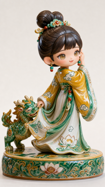 潮玩手办，Q版国风少女，高丸子头搭配唐三彩釉色发饰，穿着带有云纹和莲花纹的宽袖唐制襦裙，服饰带有唐三彩标志性的黄、绿、白三色釉质光泽，整体哑光混亮面釉质质感，补充卷草纹描金细节，柔和的杏仁眼，面带温婉预览效果