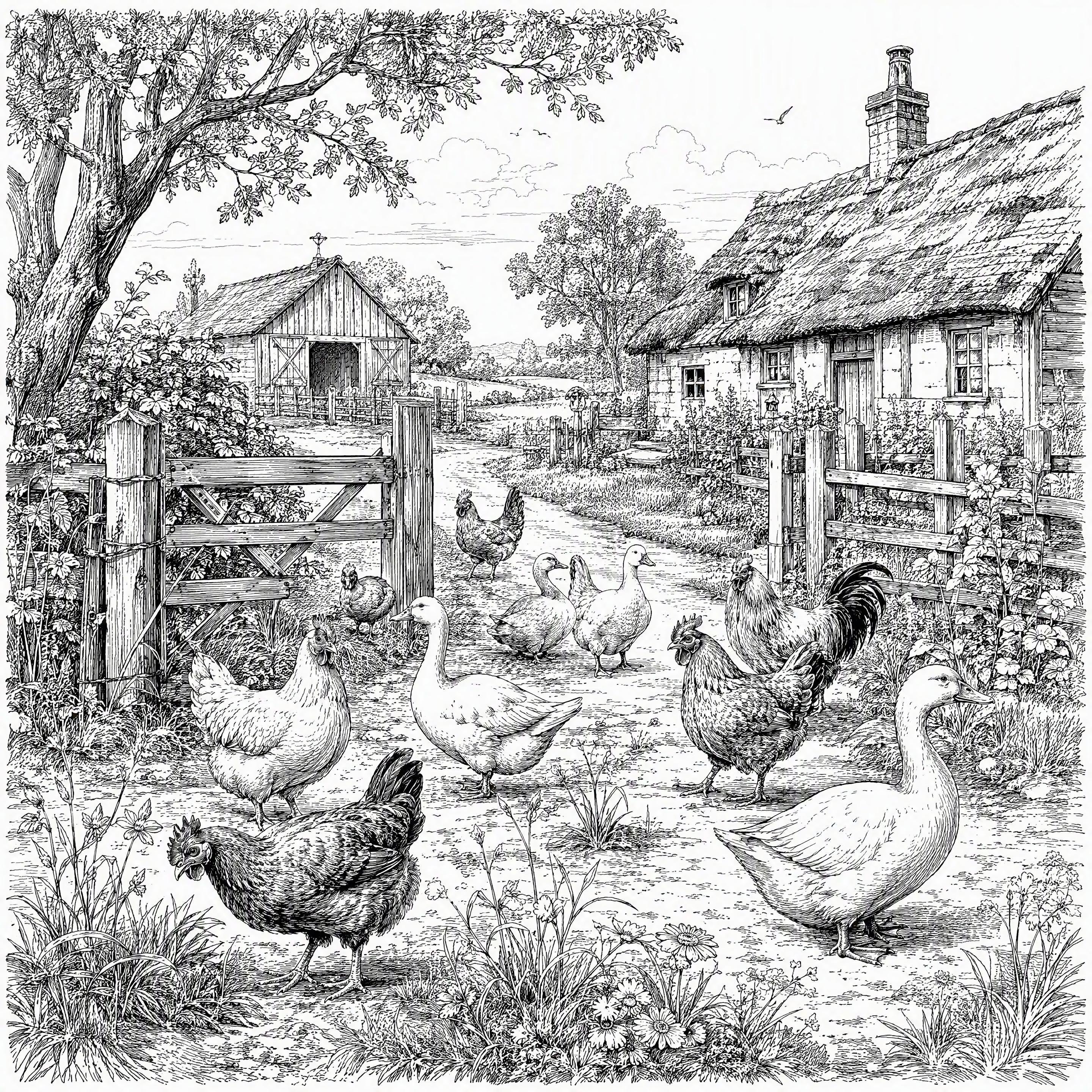 纯线描雕刻风格插画，纯白色背景，黑色线条。细腻描绘农村农场场景… - 图片创意预览