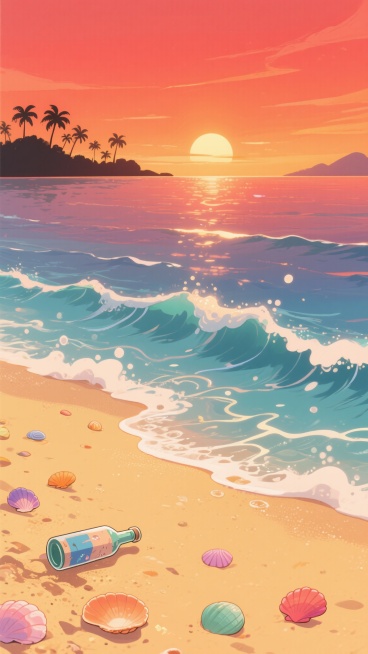 动漫风格插画，夕阳下的海边风景，橙红色渐变天空与海面交相辉映，金色沙滩上点缀着彩色贝壳和漂流瓶，远处是剪影式的热带岛屿轮廓，海浪呈现柔和的波浪线条，泡沫边缘带有光晕效果，整体画面温暖治愈，色彩饱和明快，光影对比强烈，细节精致，充满梦幻感。预览效果