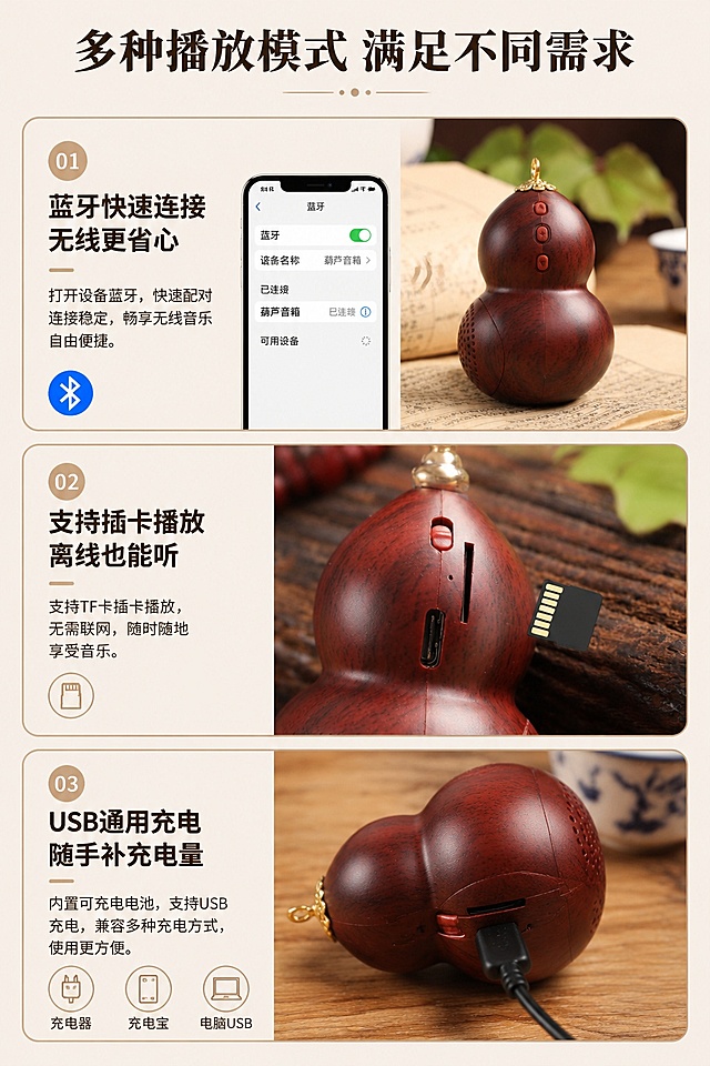 [第5屏] 核心功能实测-多播放模式体验展示。本屏使用【图2】展示按键，【图3】展示插卡与USB充电。
[氛围/风格] 简约实测风，浅素底色，功能分区展示，清晰直观。
[元素布局] 页面三格垂直排列，分别展示蓝牙连接、插卡播放、USB充电三个核心功能；每个功能配对应产品细节图和功能说明，产品细节与原图一致。
[光影质感] 均匀柔和光线，每个功能区清晰明亮，细节锐利。
[配色色系] 全局底色 #F5F1E9；主色深棕文字；辅助色浅棕功能卡片边框。
[视角构图] 三格垂直排版，每格图文对应，依次阅读清晰。
[文字版式] 主标题「多种播放模式 满足不同需求」，三个功能分别为：「蓝牙快速连接 无线更省心」「支持插卡播放 离线也能听」「USB通用充电 随手补充电量」；每个功能标题加粗说明，文字清晰大号，手机端可读。
[比例分辨率] 9:16 竖版比例，4K 分辨率，文字清晰可辨，高清画质。
[负向提示词] 产品变形，细节错误，文字错乱，文字过小，图片重叠，水印。