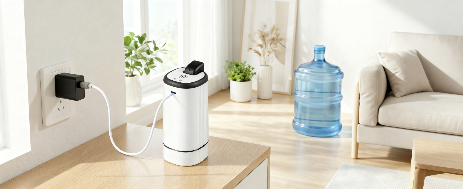 将图1的白色抽水器产品，生成类似图2的家居场景：抽水器放在木质桌面，充电线插在墙面插座上，保持和图2一致的产品位置、充电线布局和背景元素，移除所有文字和紫色对话框/矩形框，尺寸为1464*600像素，预览效果