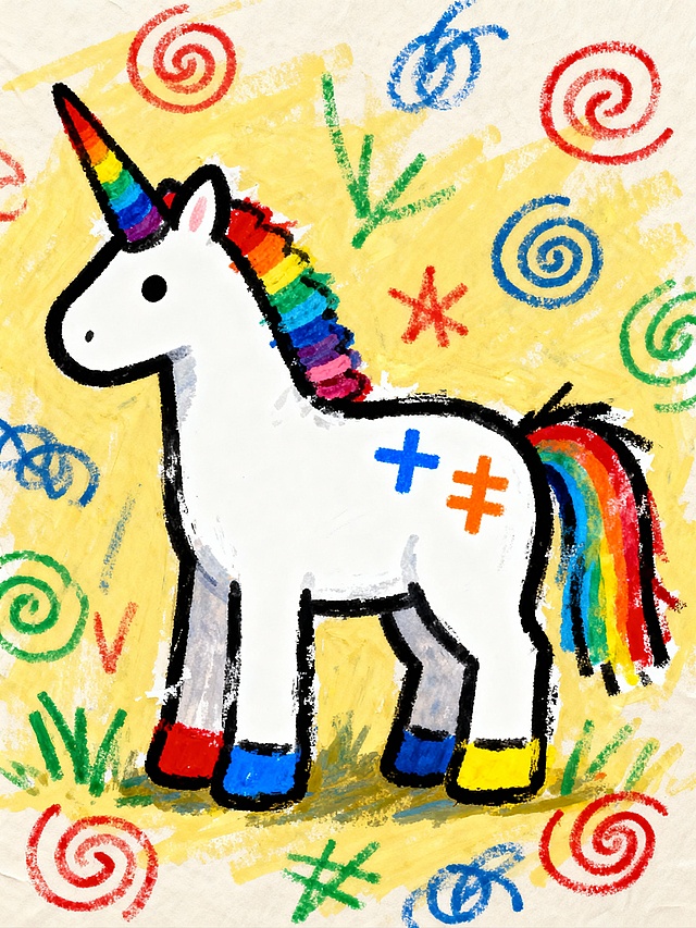 原生艺术风格，粗犷笔触，儿童画般纯真，主体内容为白身黑边的卡通独角兽（独角呈彩虹渐变色，鬃毛、尾巴为彩虹色彩条堆叠，四肢末端分饰红、蓝、黄色彩块，身体印有蓝、橙符号）；呈四蹄伫立，造型笨拙；场景设定为浅米白纸质感背景，背景布满乱七八糟的彩色涂鸦元素（黄底铺色、红/蓝/绿无序线条、螺旋纹、图案），线条粗犷随意，色彩浓艳堆叠，兼具稚拙感与活泼氛围；构图视角为平视满版构图，涂鸦元素填满画面空白；线条边缘粗糙有飞白，色彩填充有重叠晕染，造型稚拙随意，笔触粗犷
